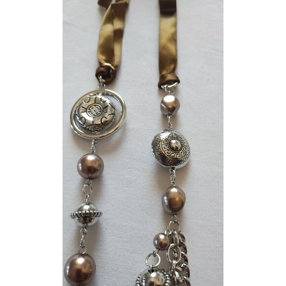 Silver Tone Brown Faux Pearl Tie Back Layered Necklace Paparazzi New - Picture 3 of 5